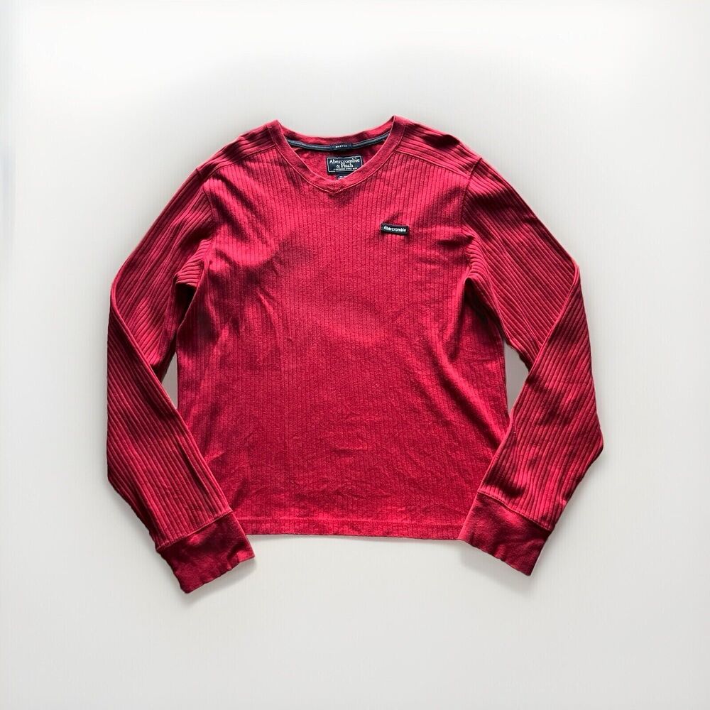 Abercrombie & Fitch Menโs Ribbed Muscle Long Sleeve V-Neck Shirt Red Large Y2K